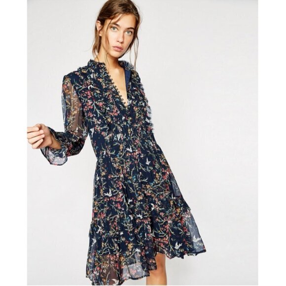 💕THE KOOPLES💕 Blue Bird Print Dress ~ Floral Long Sleeve 100% Silk Crepe Small - Picture 1 of 16